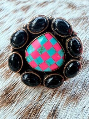Turquoise & Hot Pink Checker Inlay Statement Ring - Women Jewelry